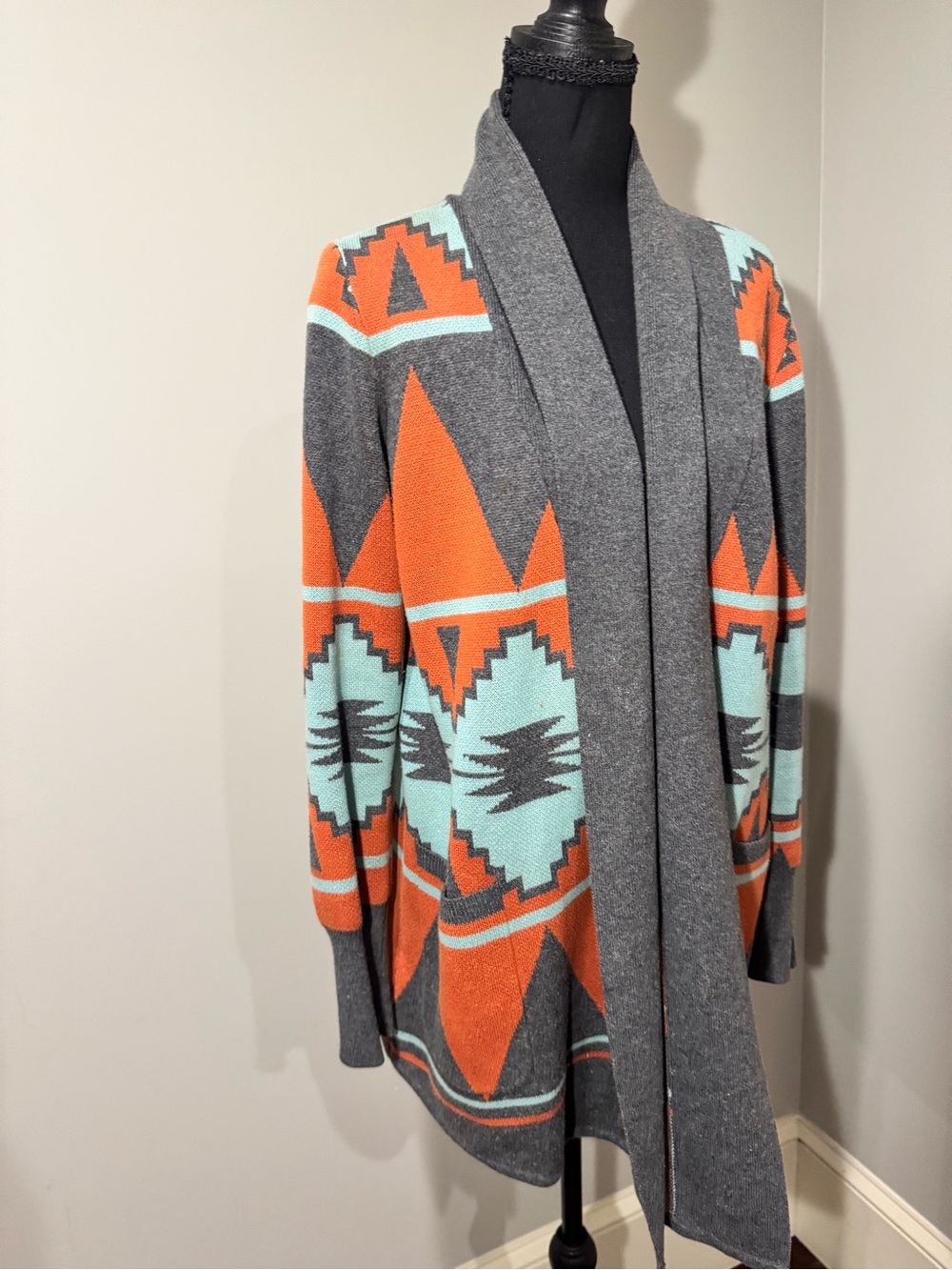 Quiksilver Gray, Orange & Light Teal Geometric Open-Front Cardigan